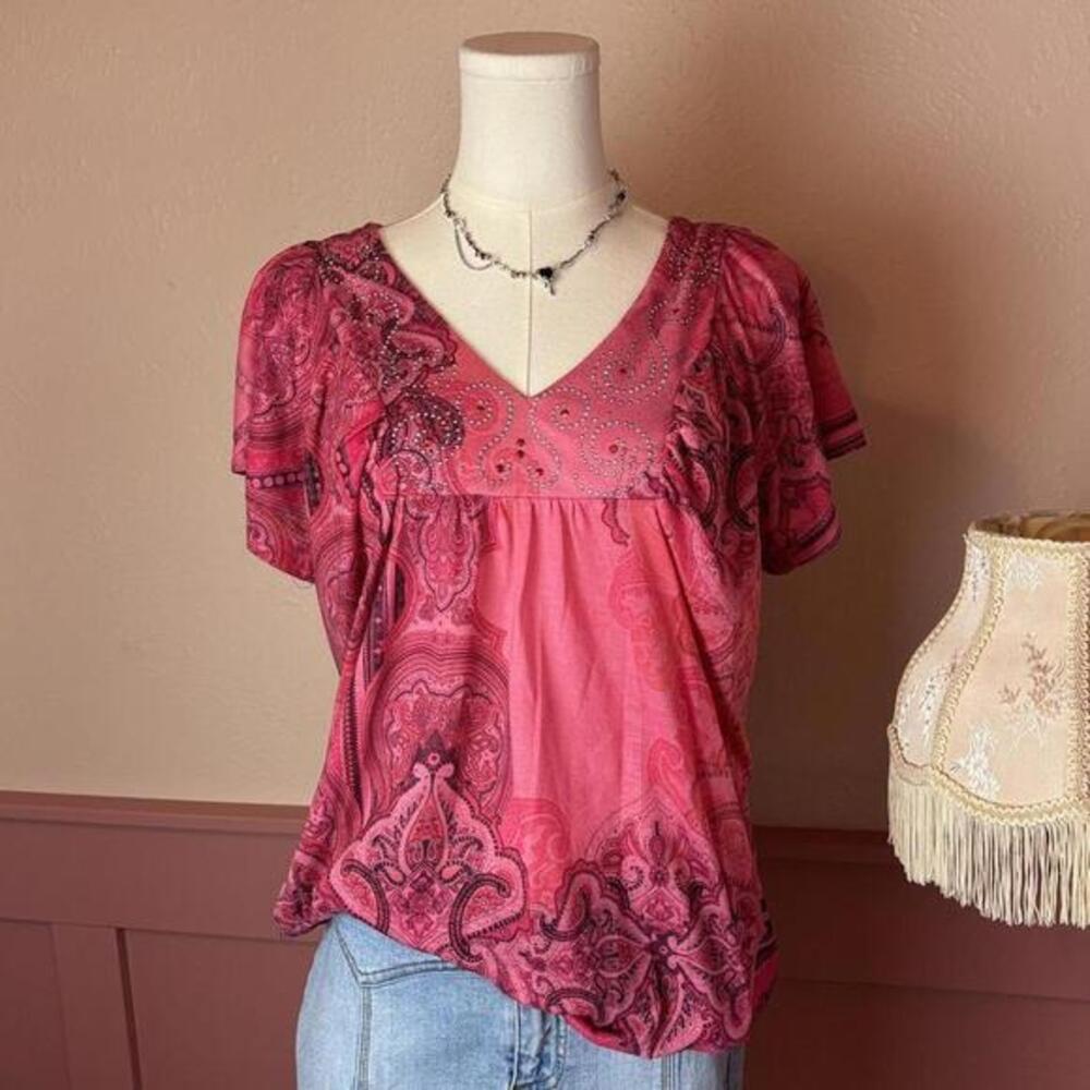 y2k mcbling whimsy ruffle sleeve top live and let free pink sz xl